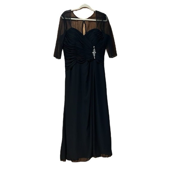 Dresses & Skirts - Formal Black Illusion 3/4 Sleeve Side Ruched Gown With Rhinestone Embellishment